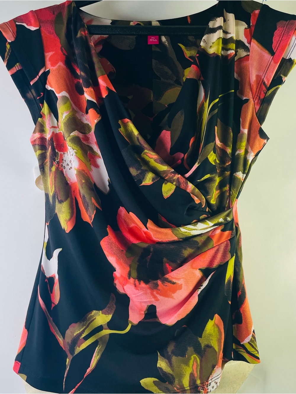 Vince Camuto Black Floral Wrap-Front Blouse with Coral and Green Accents